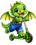 Cute Green Dragon Riding Scooter PNG | High Resolution Dragon Clipart | Kids Digital Download | Fantasy Character Graphic