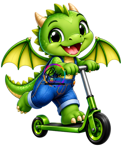 Cute Green Dragon Riding Scooter PNG | High Resolution Dragon Clipart | Kids Digital Download | Fantasy Character Graphic