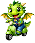 Cute Green Dragon Riding Vintage Scooter PNG | Baby Dragon Clipart | Fantasy Dragon Digital Download | High Resolution Transparent PNG