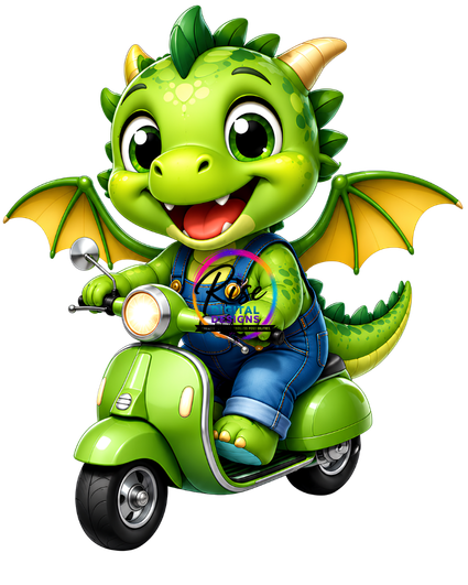 Cute Green Dragon Riding Vintage Scooter PNG | Baby Dragon Clipart | Fantasy Dragon Digital Download | High Resolution Transparent PNG