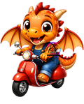 Cute Orange Dragon on Vintage scooter PNG | Cartoon Dragon Digital Download | High Resolution Sublimation Design