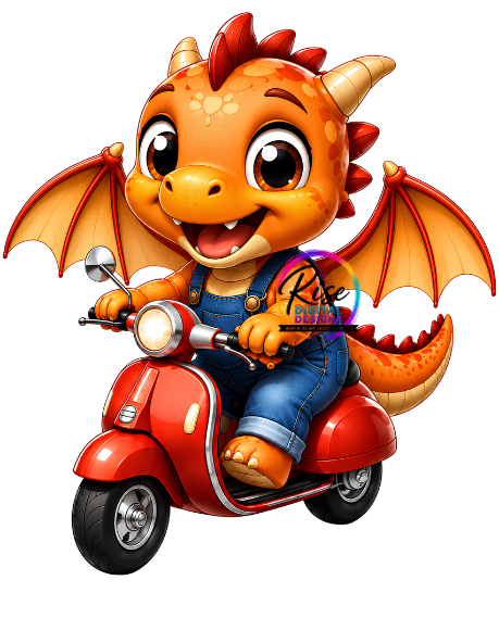 Cute Orange Dragon on Vintage scooter PNG | Cartoon Dragon Digital Download | High Resolution Sublimation Design