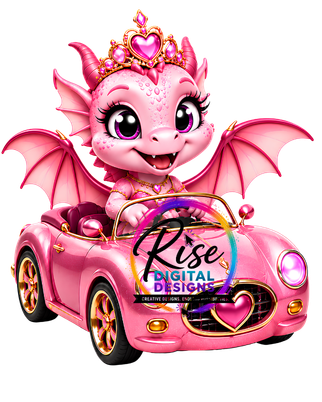 Pink Princess Dragon in Car PNG | Cute Fantasy Dragon Clipart | High Resolution Digital Download for Sublimation & Crafts