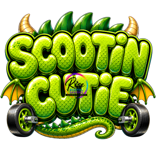 Scootin Cutie Green Dragon Digital Download PNG | Cute Scooter Dragon Sublimation Design | Fantasy Reptile Graphic